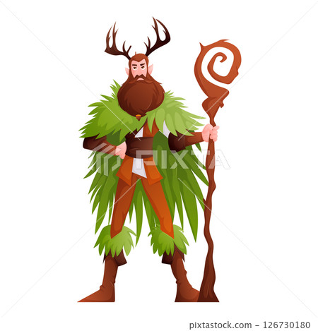 Cartoon Druid Character with Antlers and Staff, Standing on a White Background. Cartoon Druid Character with Antlers and Staff, Standing on a White Background. 126730180