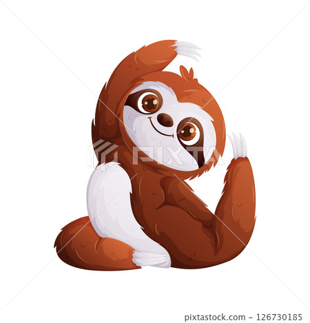 Cute Cartoon Sloth Character Posing with a Smile, Isolated on White Background. 126730185