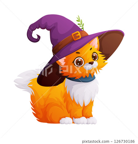 Adorable Cartoon Fox Cub in a Purple Witch Hat, Halloween Illustration. Adorable Cartoon Fox Cub in a Purple Witch Hat, Halloween Illustration. 126730186