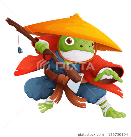 Cartoon Frog Samurai Warrior with Katana, Wearing Traditional Japanese Clothing. 126730194