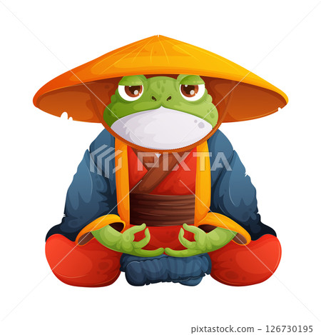 Cartoon Meditation Frog, A Zen Master in Traditional Attire. Calm and Peaceful. 126730195