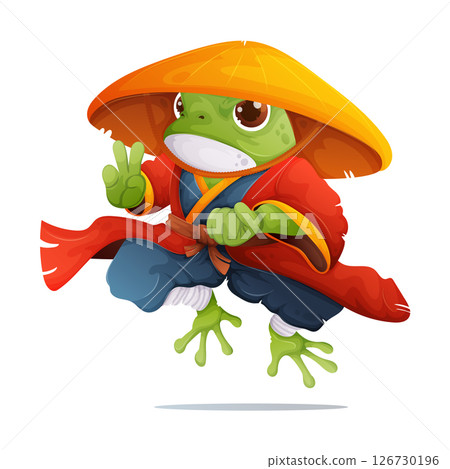 Cartoon Frog Ninja Warrior with Conical Hat, Red Robe, Ready to Strike a Pose 126730196