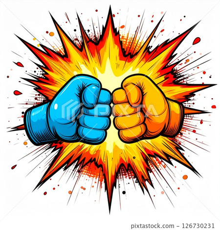 Clashing Blue and Orange Fists in a Comic Book Explosion 126730231