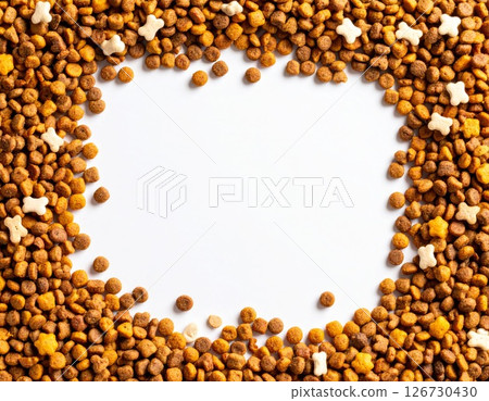 Brown and Orange Pet Food Kibble Frame on White 126730430