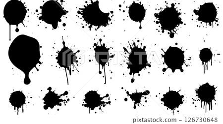 Set of vector brushes. Mega pack set of different brush strokes: black ink splatter, blots, round freehand drawings, grungy drawn lines, waves, circles, triangles, art design elements 126730648