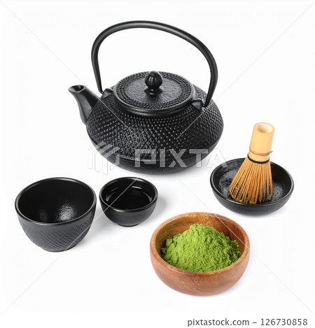 Black Cast Iron Matcha Tea Set with Wooden Bowl 126730858