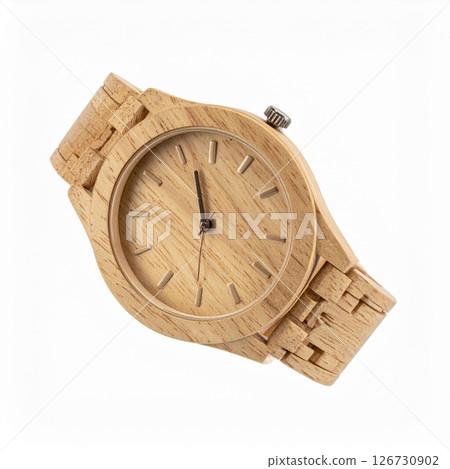 Light Beige Wooden Wristwatch on White Background 126730902