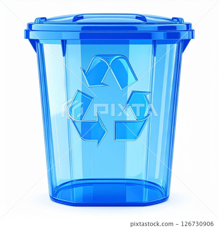 Blue Transparent Recycling Bin with Recycle Symbol Blue Transparent Recycling Bin with Recycle Symbol 126730906