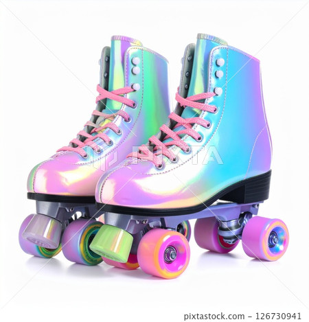 Pastel Rainbow Holographic Rollerskates on White Background 126730941