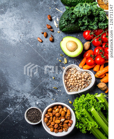 healthy vegan meal with vegetables, nuts and seeds healthy vegan meal with vegetables, nuts and seeds 126731147