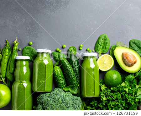 Fresh green vegetables and detox juice in glass 126731159