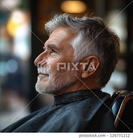 A senior European male sits in a barber chair, calmly awaiting his haircut. Natural light streams in through the shop's windows, creating a warm atmosphere 126731212