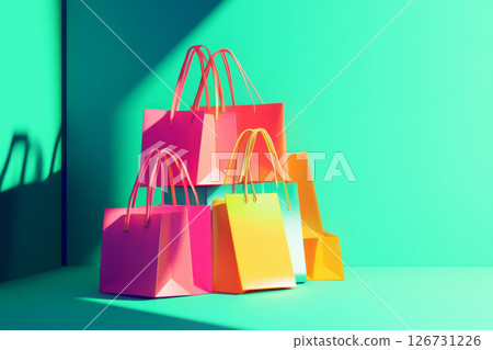 Colorful shopping bags stacked neatly on a green background, featuring bold and dynamic illustration, perfect for fashion marketing or retail content 126731226