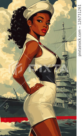 A confident woman stands in a stylish uniform against a bold red backdrop, with a naval ship prominently displayed behind her, capturing the essence of 1950s pin-up art 126731261