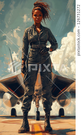 A vibrant retro poster depicts a confident woman in military attire standing proudly before an aircraft. The scene captures a blend of nostalgia and empowerment in a 1950s style 126731272