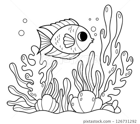 Outline Beautiful tropical fish with algae and corals on seabed and Coral Reef. Coloring Page. Line drawing. Vector illustration. Kids collection Outline Beautiful tropical fish with algae and corals on seabed and Coral Reef. Coloring Page. Line drawing. Vector illustration. Kids collection 126731292