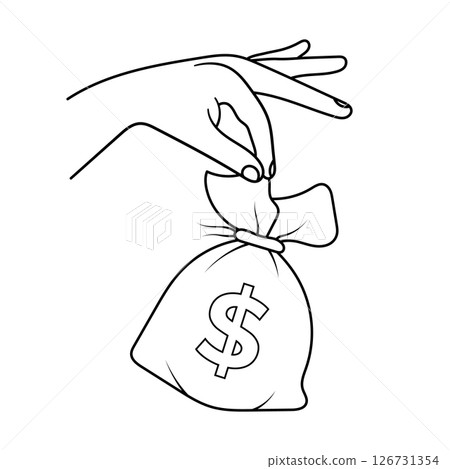 Hand Holding Money Bag with Dollar Sign Vector Illustration. Black and white illustration of a hand delicately holding a tied money bag with a prominent dollar sign on the front. Hand Holding Money Bag with Dollar Sign Vector Illustration. Black and white illustration of a hand delicately holding a tied money bag with a prominent dollar sign on the front. 126731354