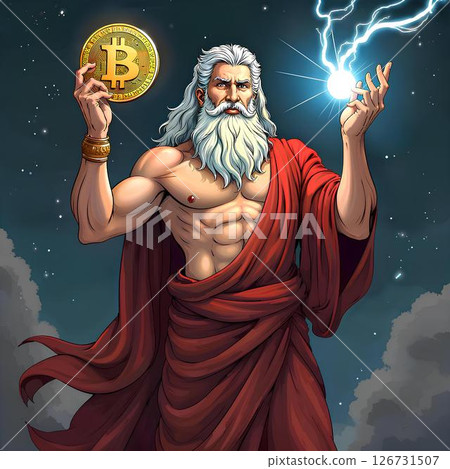 drawing of zeus with a red cloak holding a bitcoin 126731507