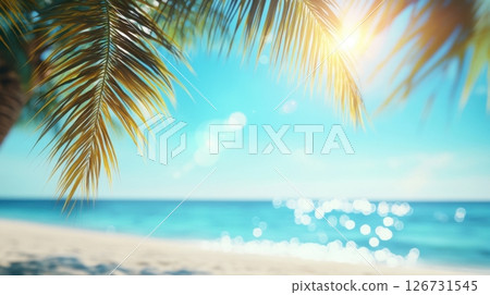 Palm trees sway beside sunny beach Palm trees sway beside sunny beach 126731545