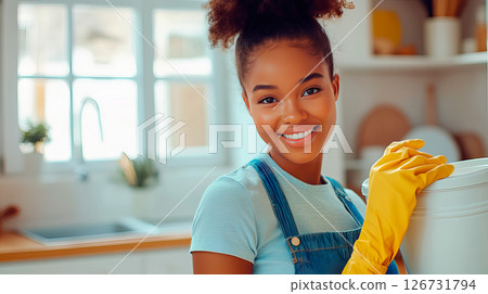 Smiling woman cleaner in work clothes and rubber gloves 126731794