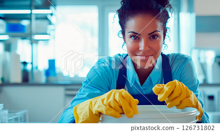 Bautiful smiling woman cleaner in work clothes and rubber gloves 126731802