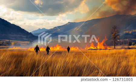 Burning landscape with trees and hills 126731803