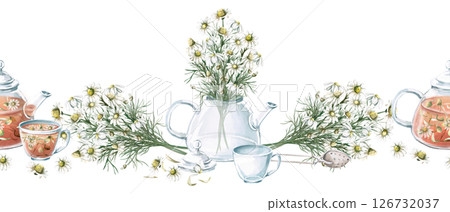 Seamless border with bouquets of daisies, teapots and cups with chamomile tea. Isolated watercolor illustration for tea packaging design, cafes menu, printing on kitchen textiles. 126732037