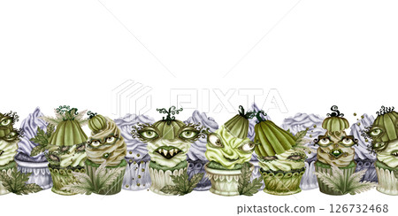 Watercolor seamless border of green Halloween cupcakes with pumpkin heads, eerie eyes, creepy faces for spooky branding, bakery packaging, seasonal menu, cafe decor, patisseries, Halloween party 126732468
