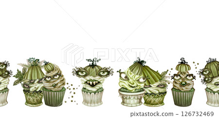 Watercolor seamless border of green Halloween cupcakes with pumpkin heads, eerie eyes, creepy faces for spooky branding, bakery packaging, seasonal menu, cafe decor, patisseries, Halloween party 126732469