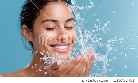 a beautiful girl washes herself with clear and clean water 126732491