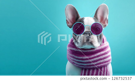 cute funny bulldog with glasses and knitted scarf in stylish look 126732537