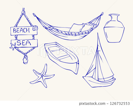 Set of sea beach doodles. Hand drawn outline sketches 126732553