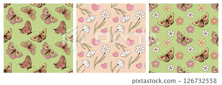 Collection of groovy hippie floral seamless patterns. Romantic backgrounds in retro 60s 70s style with butterflies flowers and hearts. Vector illustrations for wrapping, textile, posters, social media Collection of groovy hippie floral seamless patterns. Romantic backgrounds in retro 60s 70s style with butterflies flowers and hearts. Vector illustrations for wrapping, textile, posters, social media 126732558