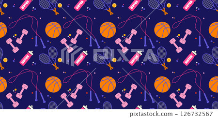 Retro cartoon abstract seamless pattern with sports equipment. Background for wrapping paper, banner, poster, social media. fitness concept. Fitness training concept.Vector flat illustration. Retro cartoon abstract seamless pattern with sports equipment. Background for wrapping paper, banner, poster, social media. fitness concept. Fitness training concept.Vector flat illustration. 126732567