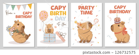 Happy Birthday greeting cards or invitations in hand-drawn style with cute capybara, balloon, cake, flowers, garland. Capy birthday text. Amusing capibara character. Vector templates for party, event. Happy Birthday greeting cards or invitations in hand-drawn style with cute capybara, balloon, cake, flowers, garland. Capy birthday text. Amusing capibara character. Vector templates for party, event. 126732575
