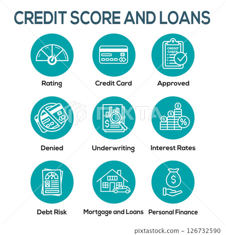 Credit Score and Loans Icon Set with Approved Credit Underwriting Interest Rates Debt Mortgage Refinance Credit Score and Loans Icon Set with Approved Credit Underwriting Interest Rates Debt Mortgage Refinance 126732590