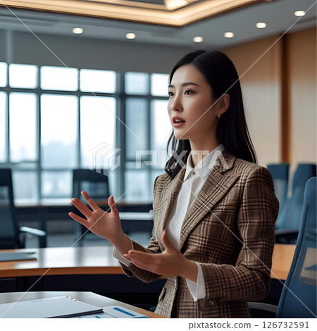 A female employee giving a presentation A female employee giving a presentation 126732591
