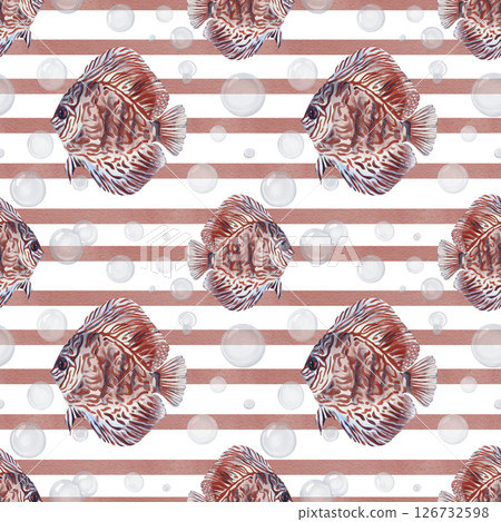 Seamless pattern with discus fish. Red tropical fish with pattern. Simple geometric pattern with red stripes. Transparent bubbles. Watercolor illustration without it. Hand drawing.  126732598