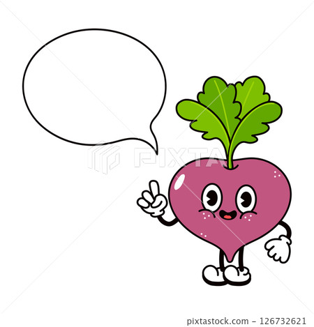 Cheerful cartoon Beetroot gesturing peace sign, holding blank speech bubble ready for personalized message Cheerful cartoon Beetroot gesturing peace sign, holding blank speech bubble ready for personalized message 126732621