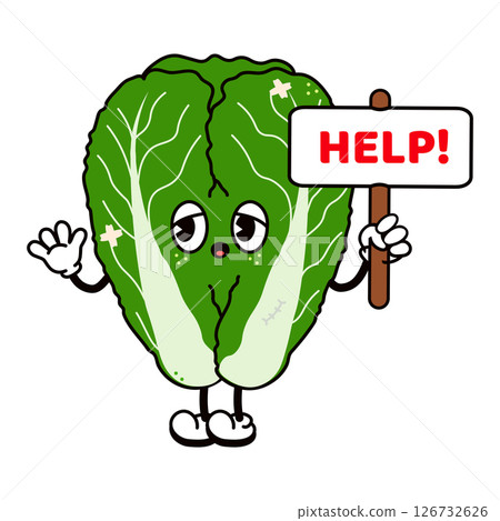 Cartoon Napa Cabbage holding a help sign, expressing exhaustion and a strong need for assistance with a worried and distressed look Cartoon Napa Cabbage holding a help sign, expressing exhaustion and a strong need for assistance with a worried and distressed look 126732626