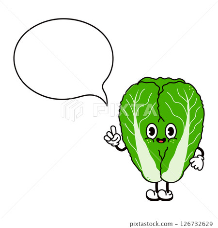 Happy cartoon Napa Cabbage character pointing and speaking with empty speech bubble, ideal for healthy food and vegan concepts Happy cartoon Napa Cabbage character pointing and speaking with empty speech bubble, ideal for healthy food and vegan concepts 126732629