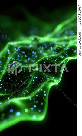 Abstract digital artwork featuring glowing green waves and blue dots against black. Abstract digital artwork featuring glowing green waves and blue dots against black. 126732664