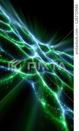 A stunning abstract artwork showcases flowing lines of glowing green and blue particles. A stunning abstract artwork showcases flowing lines of glowing green and blue particles. 126732666