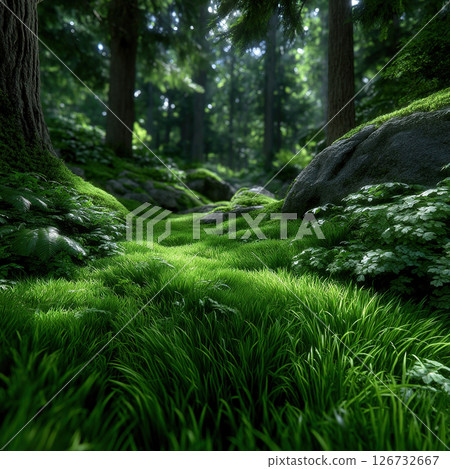 Vibrant forest scene featuring lush green grass and trees under the soft sunlight. Vibrant forest scene featuring lush green grass and trees under the soft sunlight. 126732667
