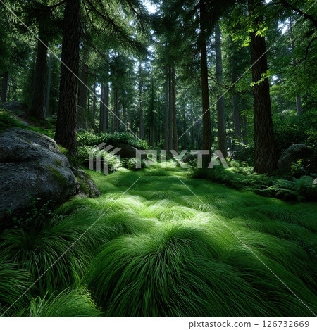 A beautiful forest scene with tall trees and vibrant green grass in the sunlight. A beautiful forest scene with tall trees and vibrant green grass in the sunlight. 126732669