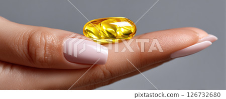A hand delicately presents a fish oil capsule, showcasing health and wellness principles. 126732680