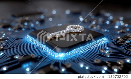 A jeweled key placed on a computer chip represents secure access and digital protection. 126732703