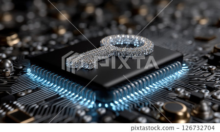 A sparkling key sits atop a computer chip, symbolizing digital security and innovation. 126732704