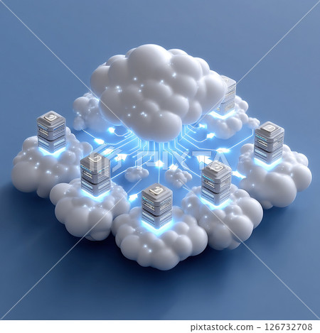 A 3d rendering depicts cloud computing, showing servers connected to a central cloud network. A 3d rendering depicts cloud computing, showing servers connected to a central cloud network. 126732708