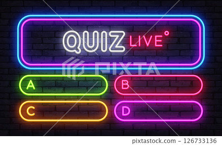 Live neon quiz frame with glowing buttons for A B C D answers on dark brick wall 126733136